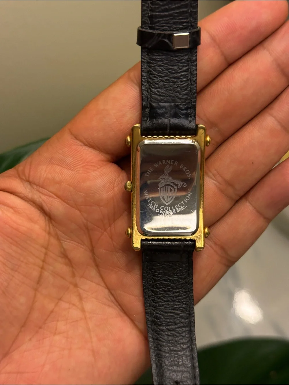 Warner Bros Vintage 1990s. Bugs Bunny Gold Tank Watch, black leather strap rare